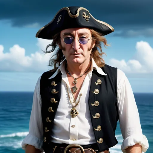 Prompt: john lennon

 as a pirate), dressed in a flowing white pirate shirt, a stylish black vest, and a classic black pirate hat, adorned with shimmering jewelry, ready for adventure, dramatic ocean backdrop, mysterious ambiance, vivid color tones, high detail, 4K, dynamic lighting accentuating his rebellious spirit.