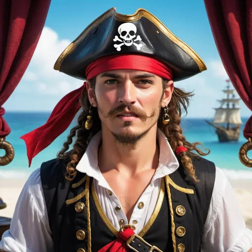 Prompt: (no mustache, black pirate hat, red headband), white pirate shirt and black vest, vibrant colors), whimsical and adventurous ambiance, attention-grabbing details, expressive pirate character with playful stance, high contrast background suggesting the open sea, treasure elements like gold coins peeking out, (ultra-detailed), dynamic composition illustrating a lively pirate theme