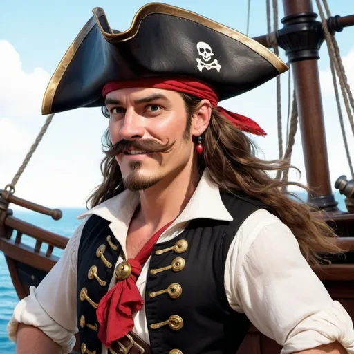 Prompt: disnet pixar o mustache, no goatee, muttonchops sideburns long brown stringy hair black pirate hat, red headband), white pirate shirt and black vest, vibrant colors), whimsical and adventurous ambiance, attention-grabbing details, expressive pirate character with playful stance, high contrast background suggesting the open sea, treasure elements like gold coins peeking out, (ultra-detailed), dynamic composition illustrating a lively pirate theme