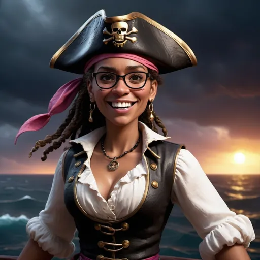 Prompt: (Disney Pixar painted look female Jamician pirate), from 1600s, 3D render style, old pirate (evil laugh), gold round trimmed glasses, white blouse, black vest, pink headband, long black dregs, cinematic colors, photorealistic, high depth, vibrant tones, dramatic shadows, ultra-detailed, atmospheric lighting, epic and adventurous vibe, high quality, HD, background with a pirate ship deck, rough seas, stormy clouds, dark and moody atmosphere, detailed facial expressions, intensely expressive eyes, full of character and personality.