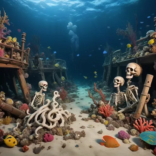 Prompt: Create an ocean floor with debris from pirate ship wrecks anchors coral sea life  skeletons