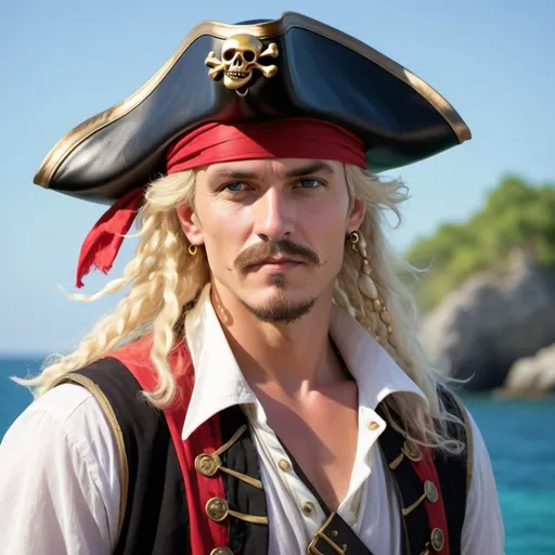 Prompt: no mustache, no goatee, long platinum blonde stringy hair black pirate hat, red headband), white pirate shirt and black vest, vibrant colors), whimsical and adventurous ambiance, attention-grabbing details, expressive pirate character with playful stance, high contrast background suggesting the open sea, treasure elements like gold coins peeking out, (ultra-detailed), dynamic composition illustrating a lively pirate theme