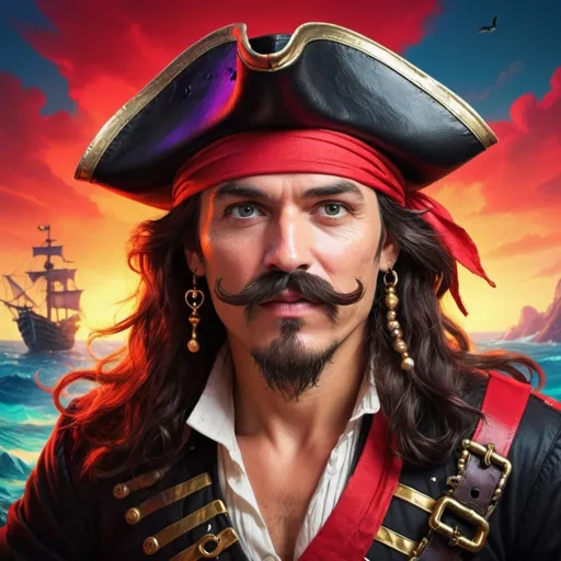 Prompt: (red mustache, black pirate hat, red headband), (vibrant colors), whimsical and adventurous ambiance, attention-grabbing details, expressive pirate character with playful stance, high contrast background suggesting the open sea, treasure elements like gold coins peeking out, (ultra-detailed), dynamic composition illustrating a lively pirate theme