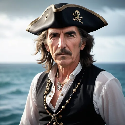 Prompt: (George Harrison as a pirate), dressed in a flowing white pirate shirt, a stylish black vest, and a classic black pirate hat, adorned with shimmering jewelry, ready for adventure, dramatic ocean backdrop, mysterious ambiance, vivid color tones, high detail, 4K, dynamic lighting accentuating his rebellious spirit.