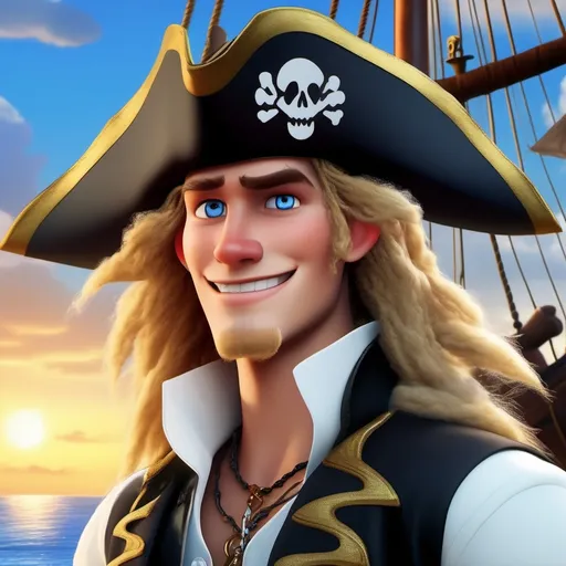 Prompt: (Disney  Pixar  young  English male pirate), wearing a crisp white shirt and sleek black vest, adorned with a bold black pirate hat, showcasing long, stringy blonde hair, clean-shaven face, piercing blue eyes, and a shiny golden earring, set against a dramatic ocean backdrop, vibrant colors, warm sunlight breaking through clouds, ultra-detailed, 4K quality.