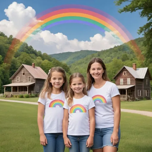 Prompt: create a sketch of  middle aged lady and 2  young daughters in the quaint town of Rainbow Holler with a rainbow in the background