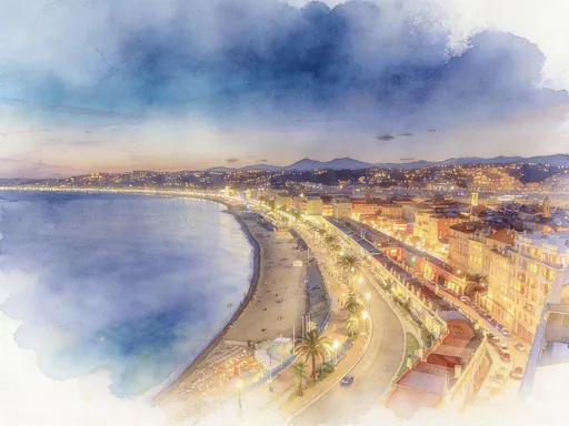 Prompt: Transform this winter mountain village photo into a delicate, hand-painted watercolor illustration. Use soft washes of cool blues, whites, and warm golden lights for the windows and sky. Add subtle texture effects to mimic real watercolor paper, with gentle bleeding at the edges of the snow and trees. Style: cozy and festive, inspired by holiday greeting cards. Ultra HD, 8K, high detail, warm and inviting atmosphere.
