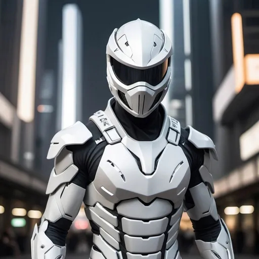 Prompt: Create an image of a futuristic ninja wearing a sleek, all-white cybernetic armor. The armor covers the ninja's entire body with smooth lines and subtle technological details. The helmet features a transparent visor that glows softly, reflecting ambient light in an elegant manner. The ninja is posed dynamically, suggesting agility and advanced combat skills. In the background, there's a futuristic urban environment with towering skyscrapers and a high-tech atmosphere. The predominant colors are shades of white and silver, with soft lighting that accentuates the contours of the armor and the ninja's muscles