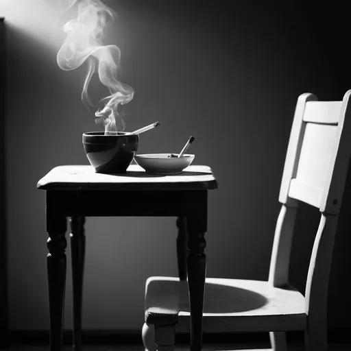 Prompt: Black and white, vintage monochrome photograph, wooden chair, small table, ashtray,  smoking cigarette, high contrast, vintage style, minimalistic, classic, elegant lighting