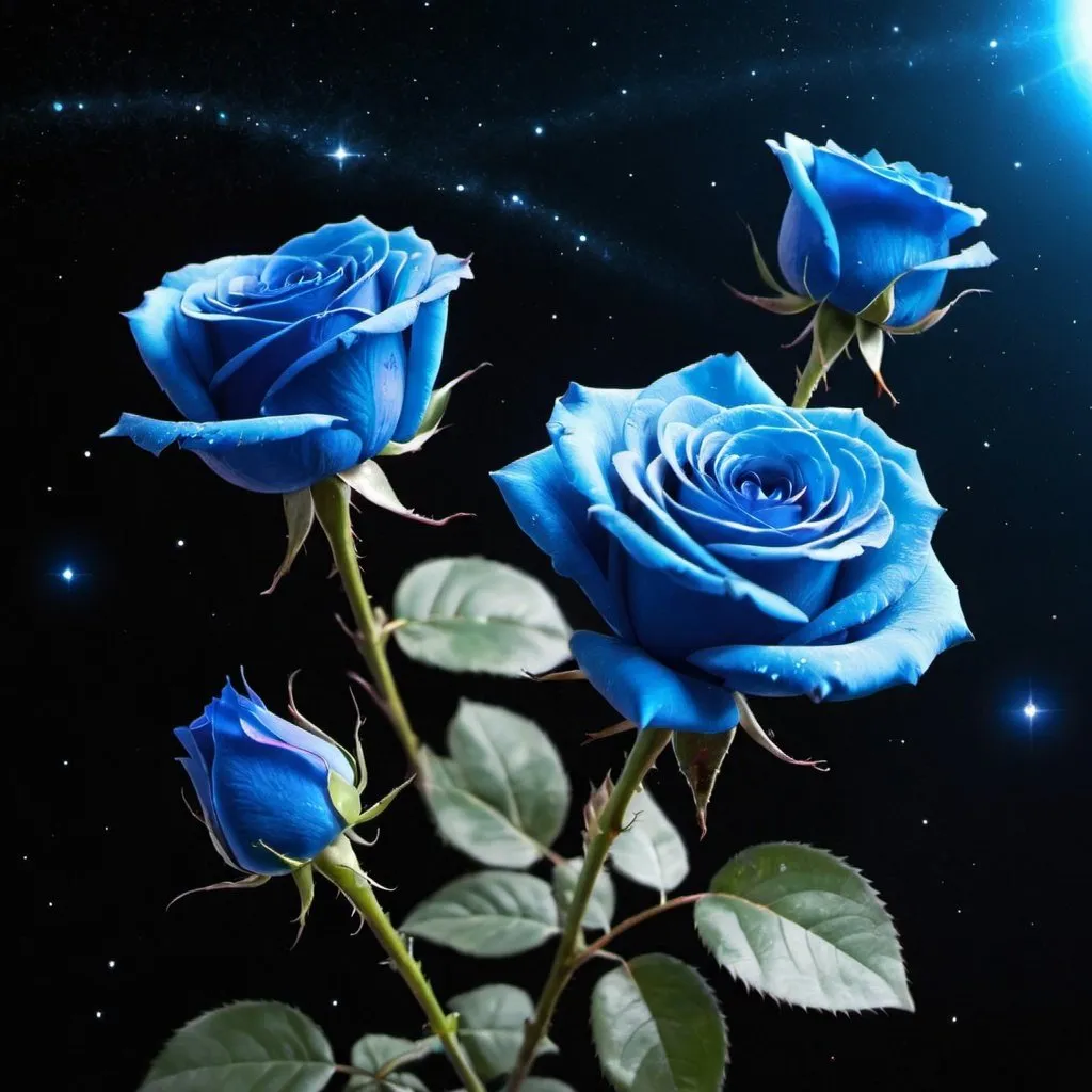 Prompt: Blue roses flying in space