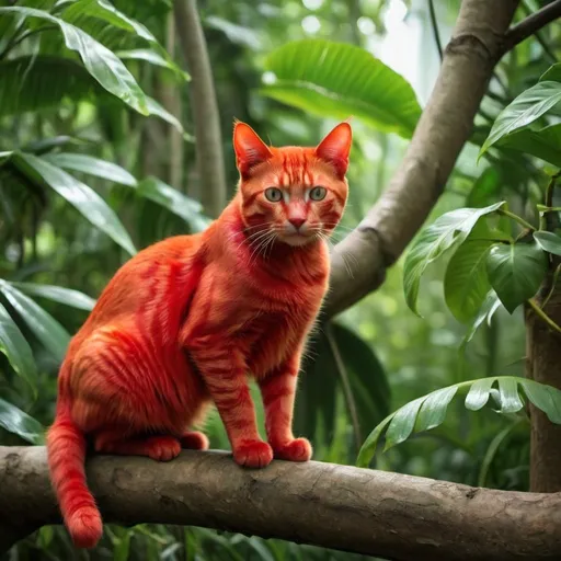 Prompt: Bright red cat on a jungle tree