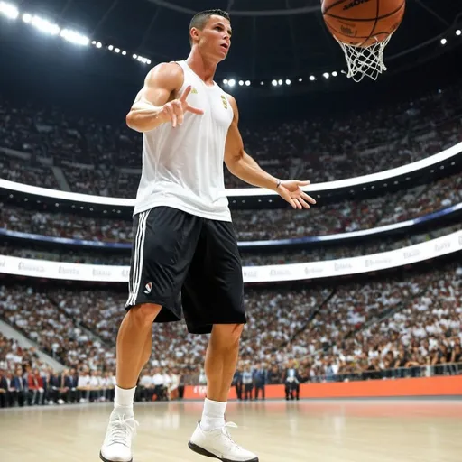 Prompt: Ronaldo playing basketball on saturns rings