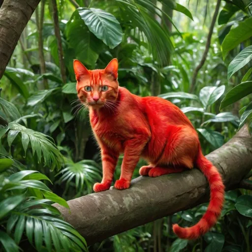 Prompt: Bright red cat on a jungle tree