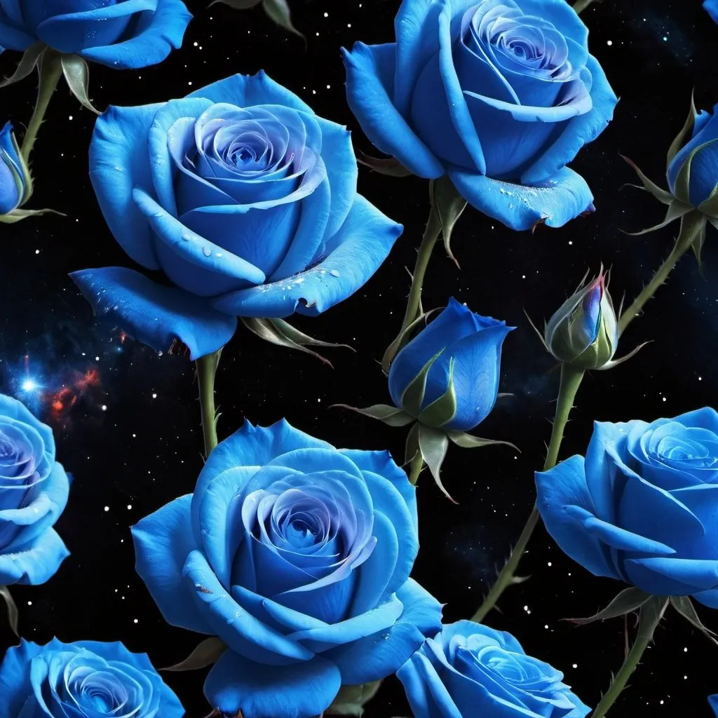 Prompt: Blue roses flying in space