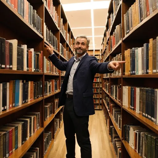 Prompt: a library of books with  a man pointing at them