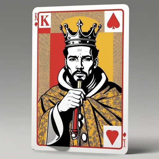 Prompt: Pop art playing card featuring a king. Simple. wearing robes and a scepter. The cards have no background, minimalistics attire. Conceptual. Sophisticated, with graphic lines and three contrasting color patterns and pop art, it evokes a sense of timelessness and visual impact. Position the king's head to the right. Enhance the captivating nature of composition,, graffiti, fashion, illustration, typography, conceptual art.