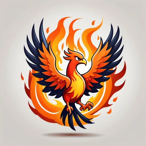 Prompt: A dynamic cartoon graphics art phoenix that is fierce and suitable to be a sports logo in style, but with no reference to any specific sport. A small one should be recognizable at a distance. Flames should be under and around it. 