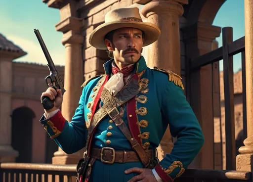 Prompt: (character portrait) man in vibrant (historical costume), gun resting on his soulders, detailed (grand fence) background, featuring (Carpoforo Tencalla) and (cobra), vivid (VFX), dramatic lighting, ultra-detailed, cinematic ambiance, evoking a sense of adventure and whimsy, 4K quality.