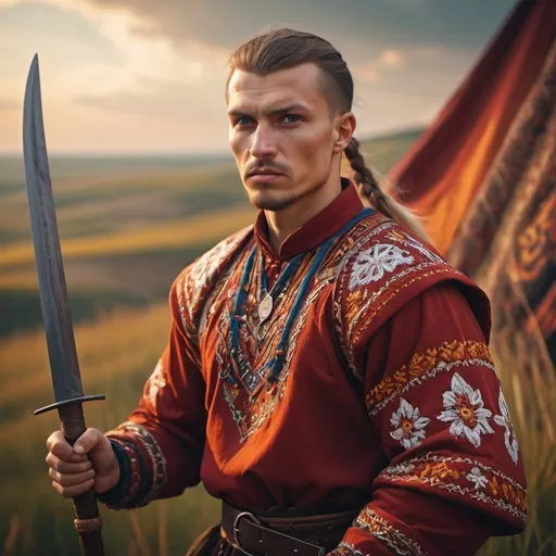 Prompt: Kossak Ukrainian (historical warrior), vibrant traditional attire, detailed embroidery and patterns, intense expression of pride and strength, holding a sabre, warm and earthy color tones, dramatic lighting highlighting features, rich landscapes in the background, symbolizing heritage, mythical ambience, capturing a moment of valor, 4K, ultra-detailed.