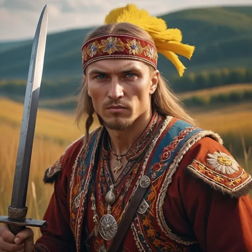 Prompt: Kossak Ukrainian (historical warrior), vibrant traditional attire, detailed embroidery and patterns, intense expression of pride and strength, holding a sabre, warm and earthy color tones, dramatic lighting highlighting features, rich landscapes in the background, symbolizing heritage, mythical ambience, capturing a moment of valor, 4K, ultra-detailed.