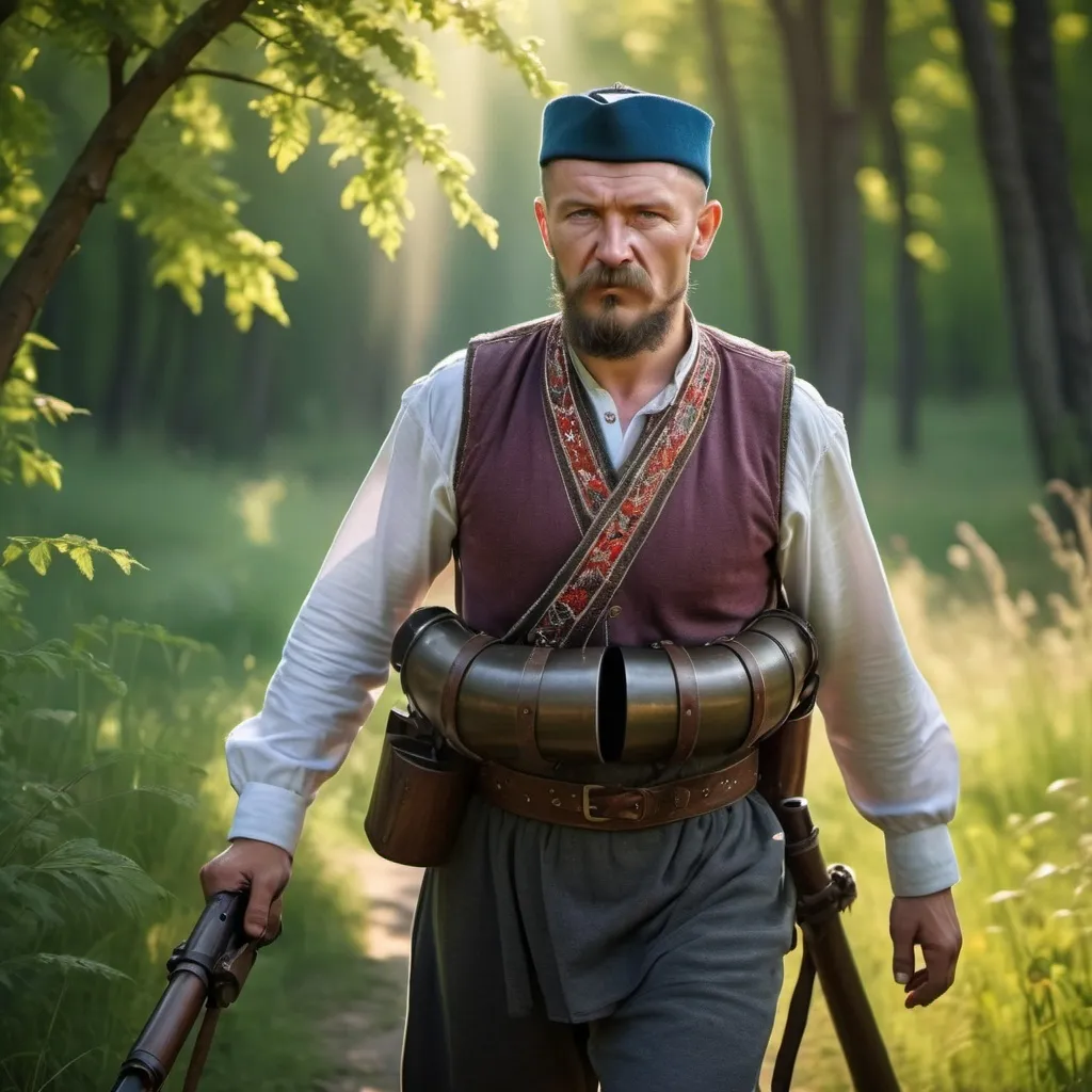 Prompt: Ukrainian cossack carrying mortar gun on wooden base on his back