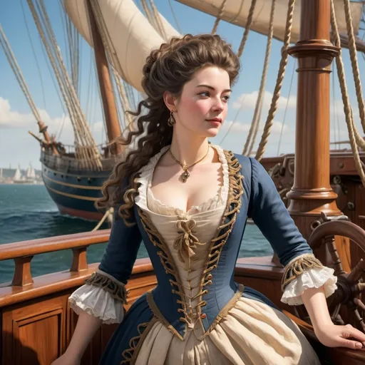 Prompt: (18th century British lady), majestic ship deck, rich details in clothing and accessories, strong presence, soft winds in hair, warm sunlight casting shadows, vintage nautical elements, intricate ship rigging in background, vibrant and lively atmosphere, storytelling ambiance, high-depth colors, (hyper-realistic), ultra-detailed, inviting social interaction and elegance.