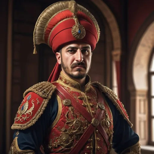 Prompt: Turkish janissary, (18th century attire), intricate armor details, (traditional red and gold colors), strong pose, dramatic lighting, historical accuracy, detailed facial features, atmospheric mood, vibrant background with classic Turkish architecture, (ultra-detailed), dynamic composition, capturing the essence of Ottoman military history, showcasing cultural heritage and valor.