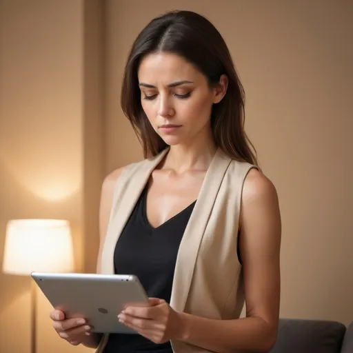 Prompt: woman in beige vest looking into tablet