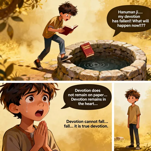 Prompt: )
एक लड़का (modern time) हनुमान चालीसा हाथ में पढ़ते हुए चल रहा है
अचानक पैर फिसलता है
किताब हाथ से छूट कर कुएं में गिर जाती है

लड़का डर जाता है
वो कुएं में झांककर बोलता है

लड़का – “हनुमान जी… मेरी भक्ति गिर गयी!! अब क्या होगा!!??”

कट
silent few sec
only water sound


---

SCENE – 2 (internal voice)

धीरे से powerful deep voice आती है

Voice – “भक्ति कागज़ में नहीं रहती… भक्ति तो दिल में रहती है…”


---

SCENE – 3 (realization shot)

लड़का shock + tears
hands automatically join

Voice – “जिस दिन तूने समझ लिया…
तेरा व्यवहार, तेरी सत्यता, तेरी हिम्मत ही मेरी पूजा है…
उस दिन कोई कुआँ… कोई गड्ढा… तेरी भक्ति को गिरा नहीं पाएगा…”


---

SCENE – 4 (end frame)

लड़का कुएं से किताब नहीं निकालता
वो बस शांत होकर मुस्कुराता है

background super:

“भक्ति गिर नहीं सकती… अगर वो सच में भक्ति है।”
