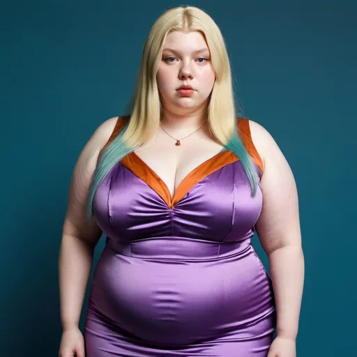 Prompt: fat Hunter Schafer, chubby body, plump bbw, long hair, big chest, wearing a tight dress