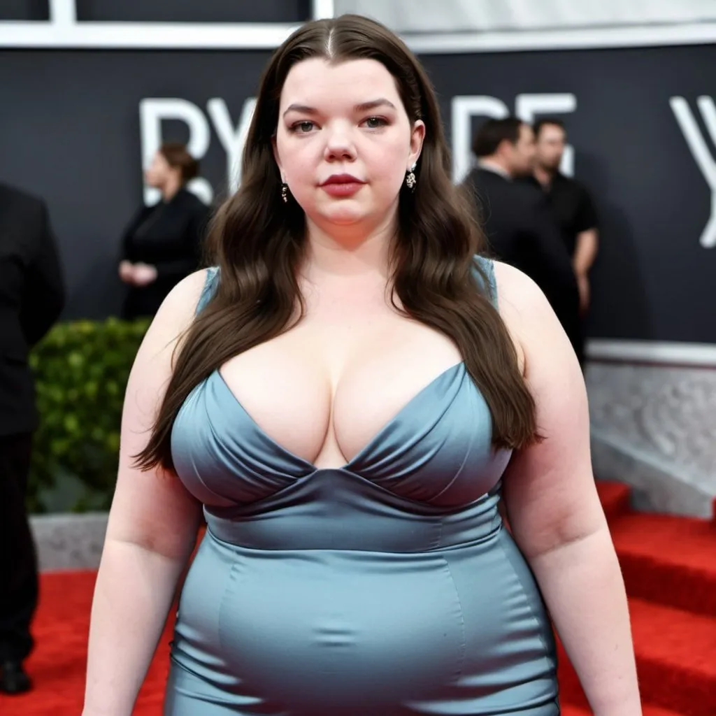 Prompt: fat Anya Taylor-Joy, chubby body, plump bbw, long hair, big chest, wearing a tight dress