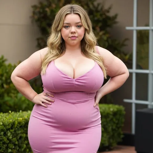 Prompt: fat Sydney Sweeney, chubby body, plump bbw, long hair, big chest, wearing a tight dress