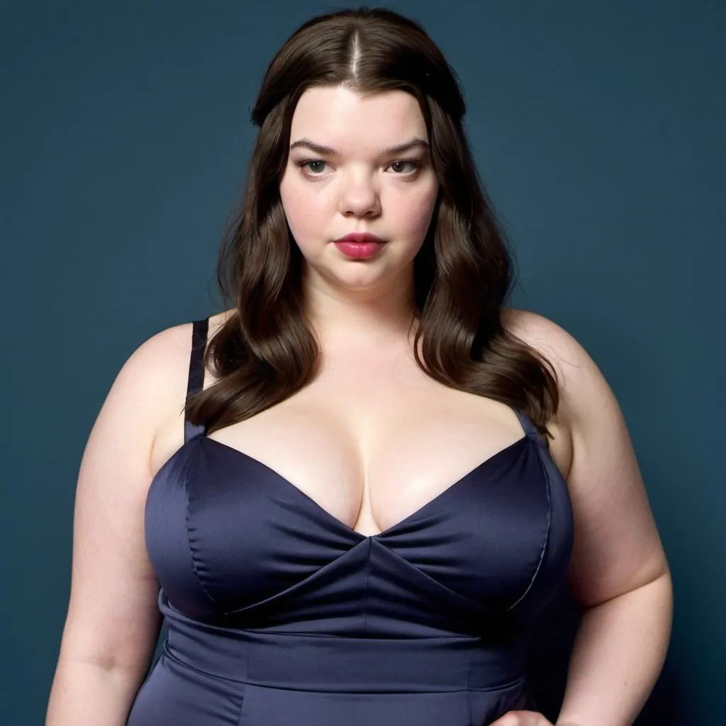 Prompt: fat Anya Taylor-Joy, chubby body, plump bbw, long hair, big chest, wearing a tight dress