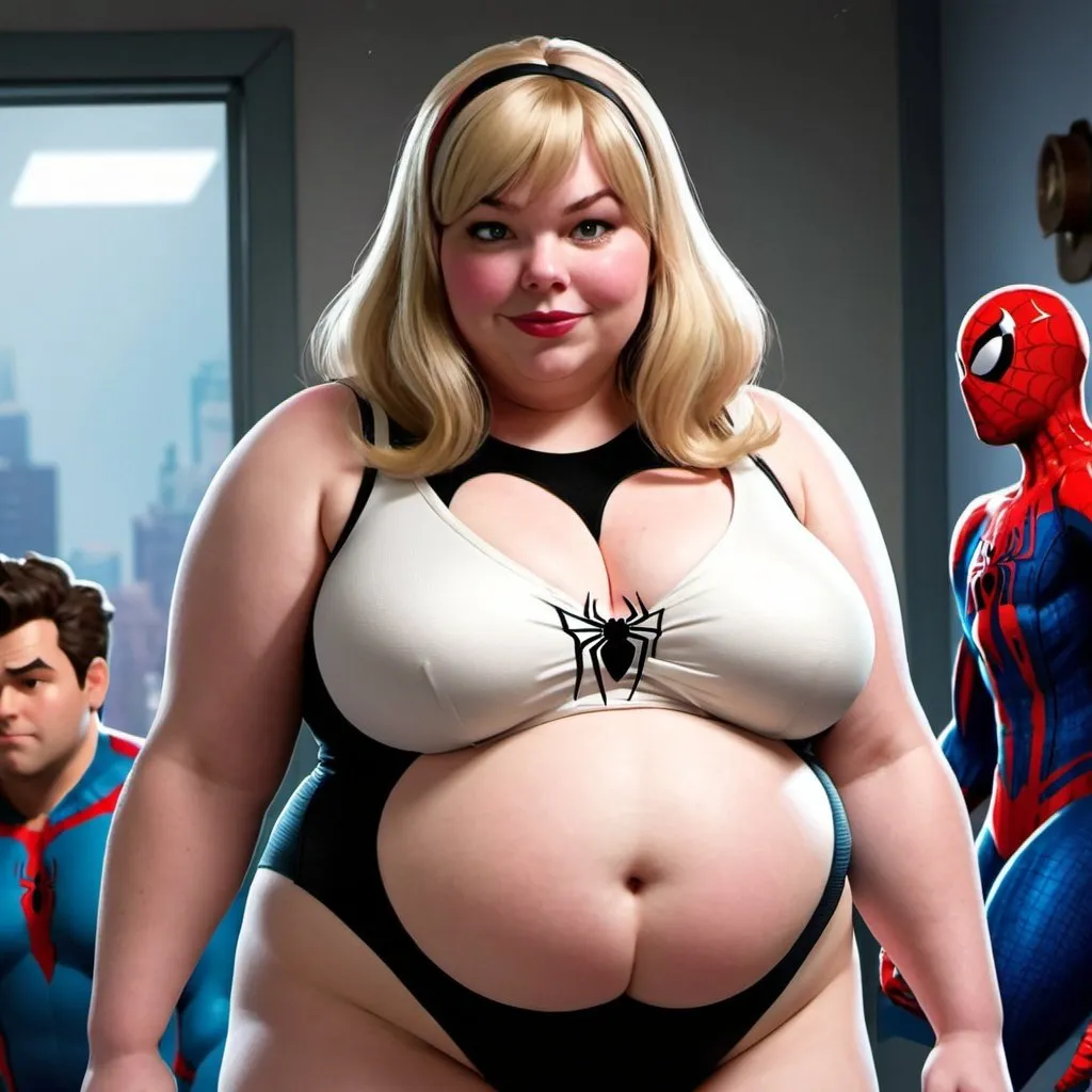 Prompt: fat Gwen Stacy, chubby body, plump bbw, big chest, Across The Spider-Verse style