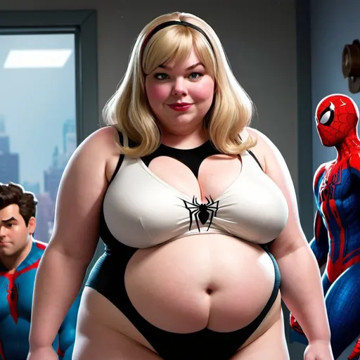 Prompt: fat Gwen Stacy, chubby body, plump bbw, big chest, Across The Spider-Verse style