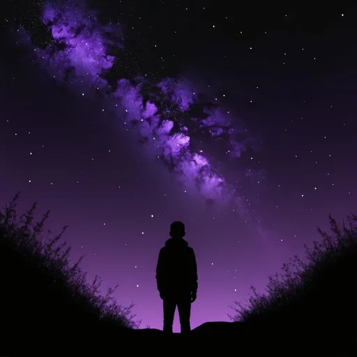 Prompt: black silhouette, looking at the starry purple dark sky
