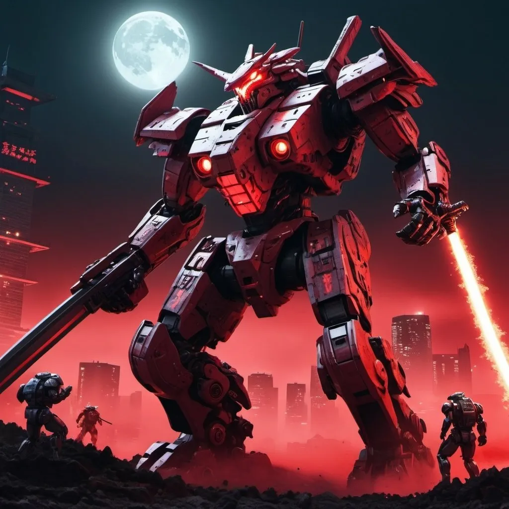 Prompt: A Ultra 4k mech war machine with a katana fighting in the red moonlight with a kaiju
