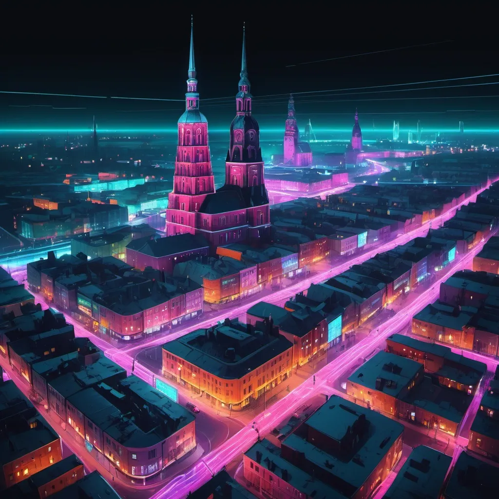 Prompt: Cyberpunk-inspired digital illustration of Riga, futuristic cityscape with neon lights, detailed cybernetic enhancements, intense and futuristic cyberpunk atmosphere, ultra-detailed, highres, cyberpunk, futuristic, neon lights, cybernetic enhancements, Riga, futuristic cityscape, intense atmosphere, digital illustration