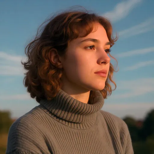 Prompt: Against a backdrop of a clear blue sky with wisps of clouds, a young woman gazes thoughtfully to her left, her profile softly illuminated by natural light. Her curly hair, tinted with shades of auburn, contrasts with the muted gray of her turtleneck sweater, which features a textured ribbing that lends depth to her appearance. In the background, hints of greenery and a blurred outline of buildings create a tranquil scene reminiscent of late morning or early afternoon. The composition emphasizes her introspective expression, captured in a moment of quiet contemplation, while light and shadow play softly across her features, adding a layer of warmth to the overall narrative of the image.