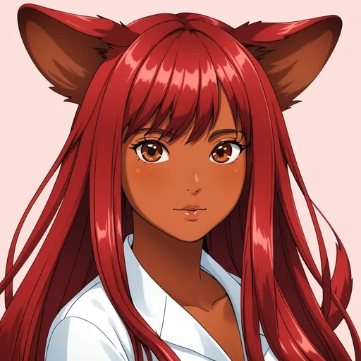 Prompt: Young woman with silky, long cherry red hair, she has brown eyes and brown skin. She had dog ears and tail.