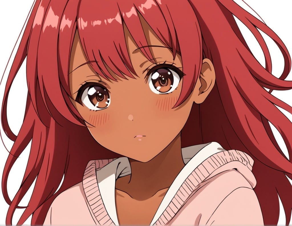 Prompt: Anime girl with cherry red hair, brown skin and brown eyes wearing a light pink cardigan. 