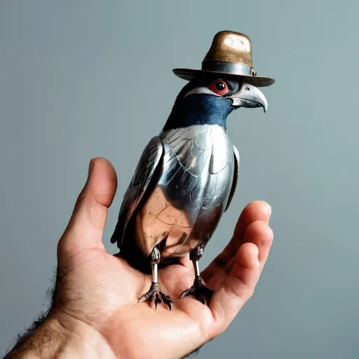 Prompt: bird wearing a hat out of tin on a man hand