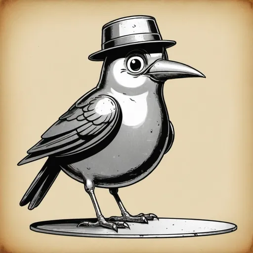 Prompt: bird wearing a hat out of tin (early 30s) (cartoon)