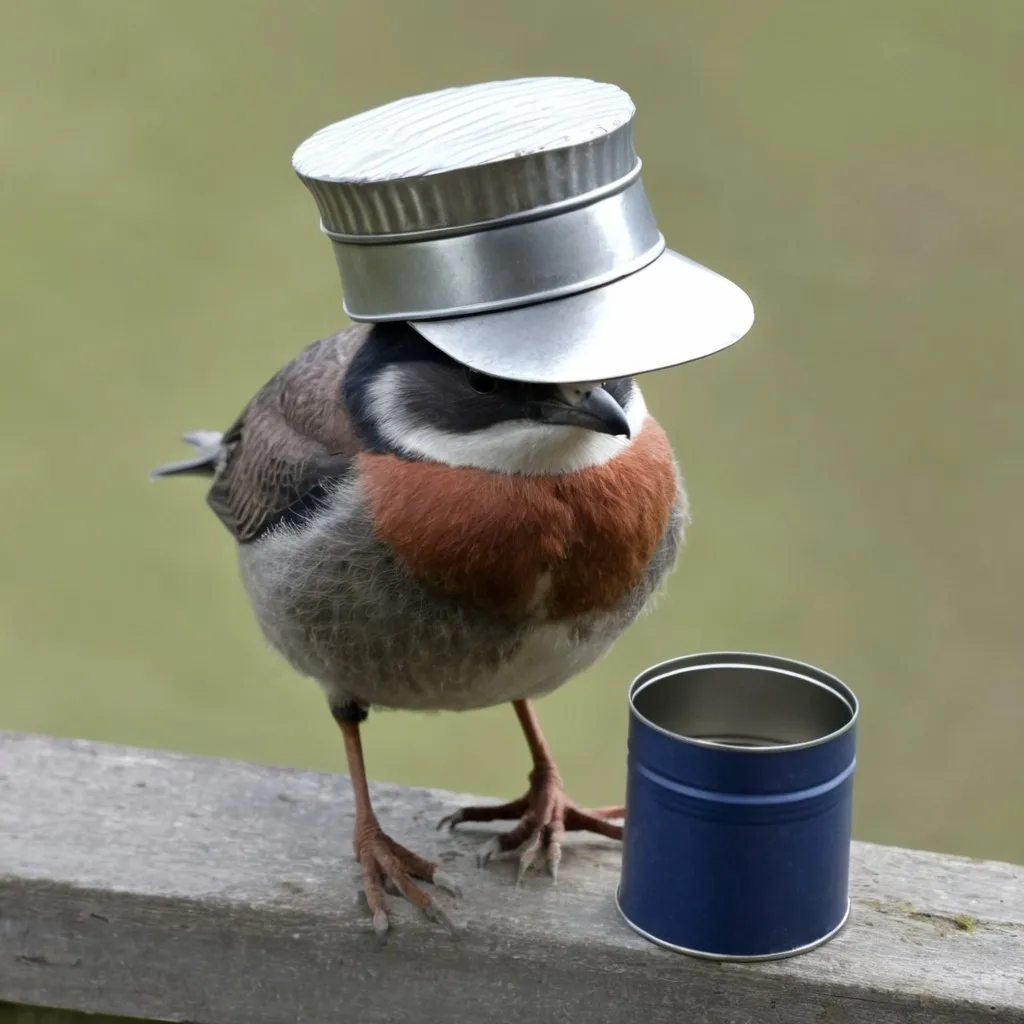 Prompt: bird wearing a hat out of tin