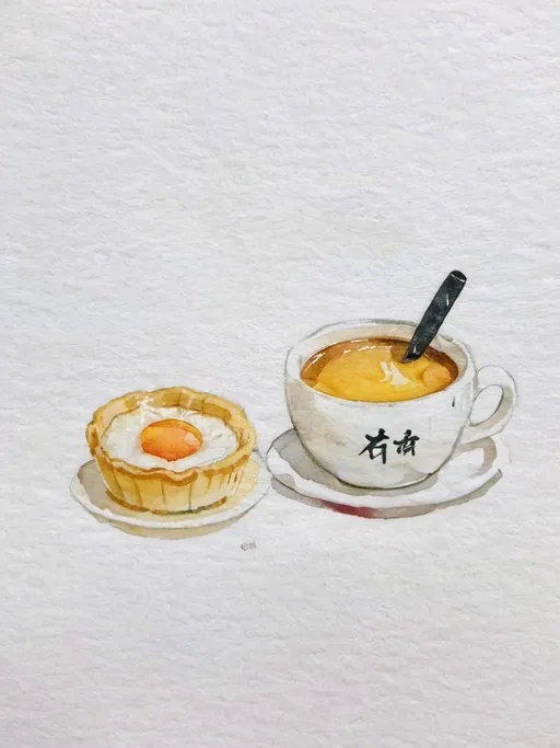 Prompt: A picture of a tea cup of milktea and an egg tart of Hong kong respectively. There's no egg white in the egg tart. Add a slogan under the logo. The slogan must relate to the topic of 'Empathy'