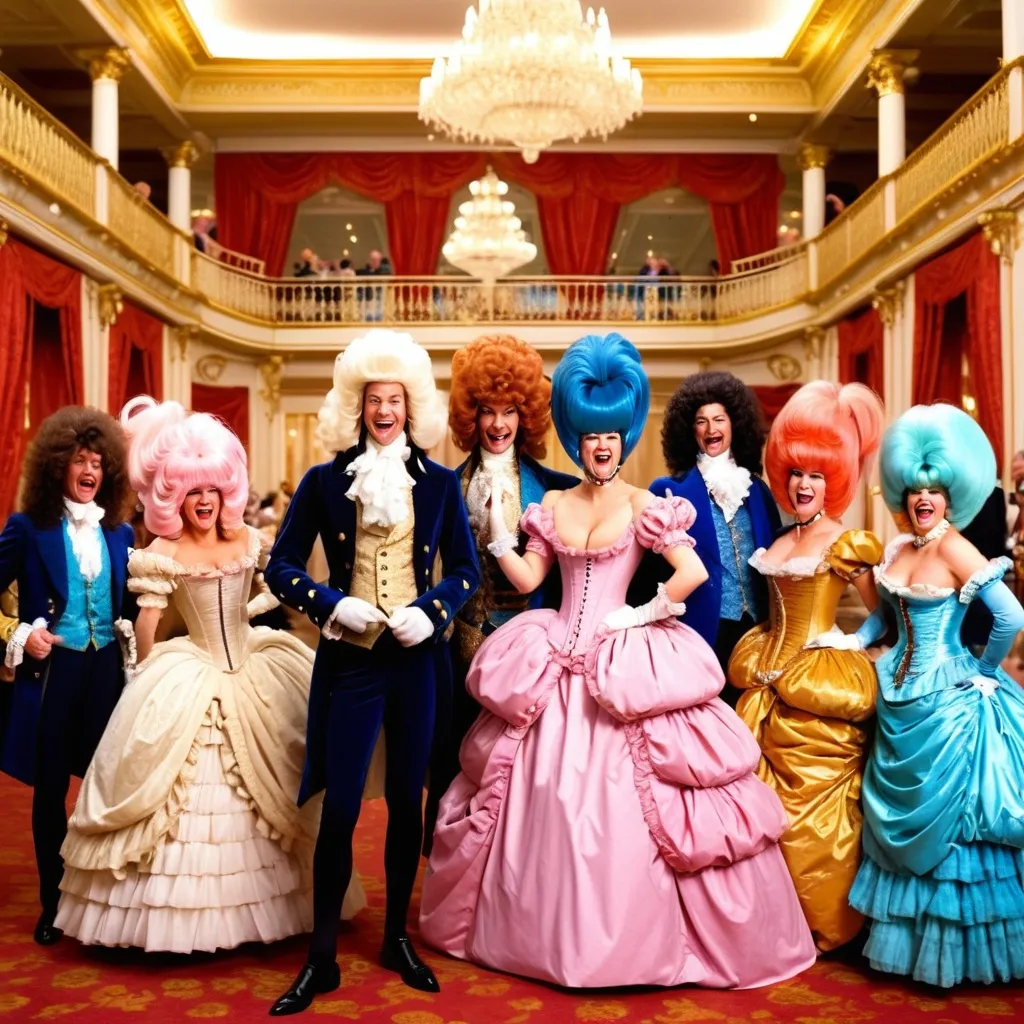 Prompt: Switch to a lavish ballroom.  Aristocrats dressed in ridiculous costumes – the ladies in huge wigs, the men in too-tight corsets, laugh hysterically.