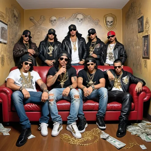 Prompt: draw obligated 5 latinos mens mixed with white mens, all of them in a large sofa, drinking in table made of glass, all of them have gangsta clothes (like gold chains, supreme or gucci t shirts and jordan shoes), with guns. add a lot of money in the floor. in the wall add a skull pirate graffitti