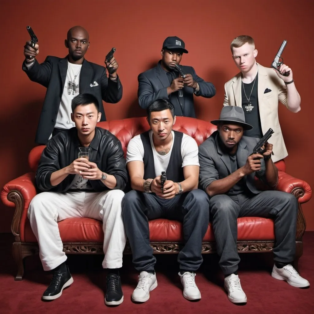 Prompt: draw a chinese man with a black man with a white man with a indian man in a sofa, drinking, all with gangsta clothes with guns