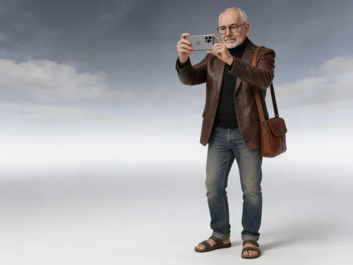 Prompt: jfj2 is wearing a slightly worn brown leather English suit-style jacket, black mock turtleneck sweater, fade blue jeans, sandals, and brown leather shoulder bag while filming with horizontally held iPhone 16 Pro Max in a surreal minimalist scene