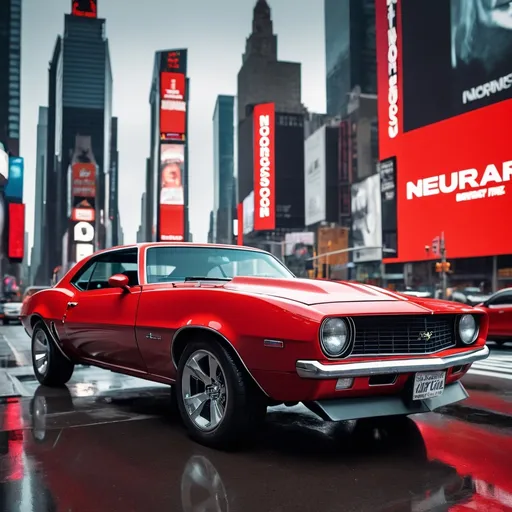 Prompt: A photo of New York City's Times Square in the year 2100. The bright red 1969 Camaro SS is parked near the bustling activity. The towering skyscrapers have intricate lights, holographic advertisements, and LED displays. One billboard displays "Neurosonica". The song title "Ruby The Calf" is embossed into the floor in futuristic fonts. The reflections of the skyscrapers, their lights, and the "Neurosonica" billboard are mirrored in the Camaro’s polished paint making the text readable. A black and white calf with large, expressive bovine eyes sticks its head out of the passenger side window of the Camaro and looks at the camera.